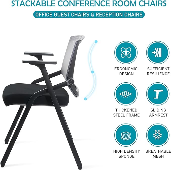 Conference Room Chairs, Folding Office Desk Chair with Lumbar Support and Sliding Armrest with Casters, Stackable Office Guest Chairs & Reception Chairs(4 Pack)