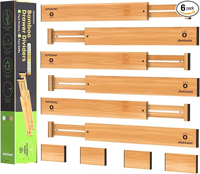 ANTOWIN Bamboo Drawer Dividers, Expandable Drawer Separators Splitter, 17-22 inches Adjustable Spring-loaded Organizer for Large Utensil, Clothes, Tools Drawers, 6 Pack Dividers + 4 Pack Baffle
