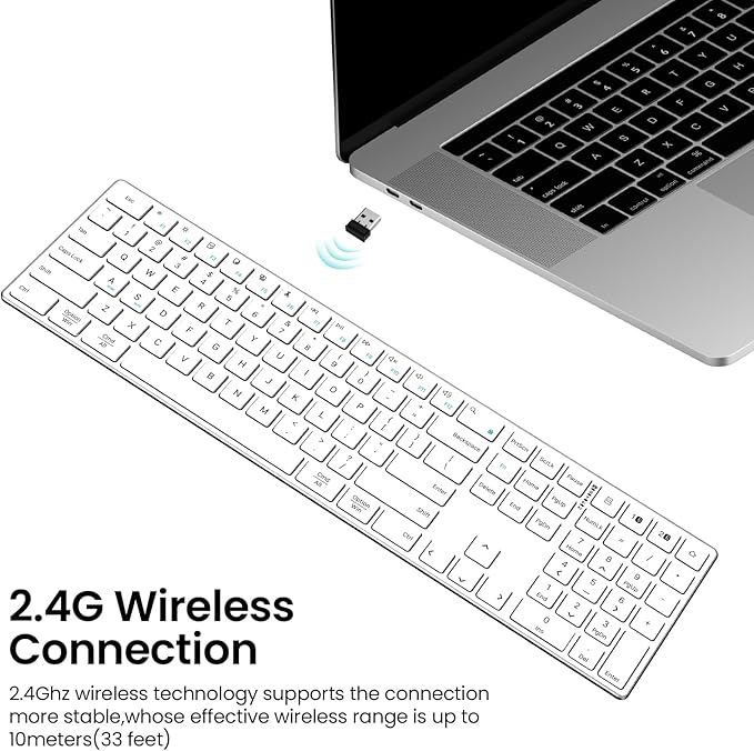 2.4G Wireless and Bluetooth Keyboard with Numeric Keypad, Multi-Device, Rechargeable, Compatible with Mac, Windows (White)