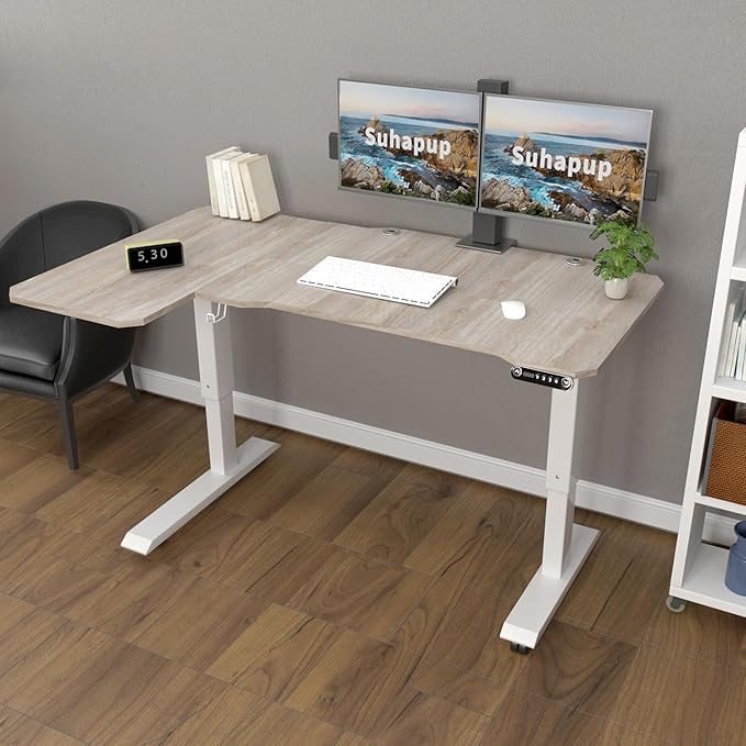 Electric Height Adjustable Standing Desk, Sit - Stand Desk for Work or Home Office Push Button Memory Settings Splice Board (Light Oak, 59x24)