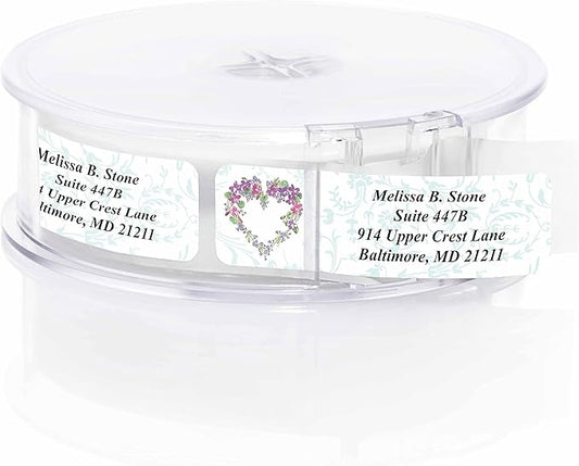 Floral Heart Wreath Rolled Address Labels with Elegant Plastic Dispenser