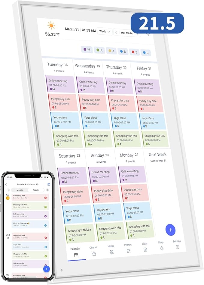 21.5 Inch Digital Calendar, Electronic Chore Chart, Smart Weekly and Monthly Planner 1920 * 1080P IPS Touchscreen Wall and Desk Calendar for Family Schedules, White