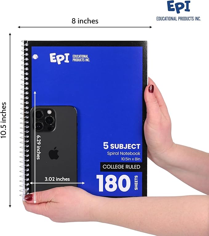 EPI Spiral Notebook | 5 Subject - College Ruled - 180 Sheets, Durable Spiral Binding | 10.5 x 8 in | Classroom Supplies | School, Office, Note Taking, Journaling - 24 Pack