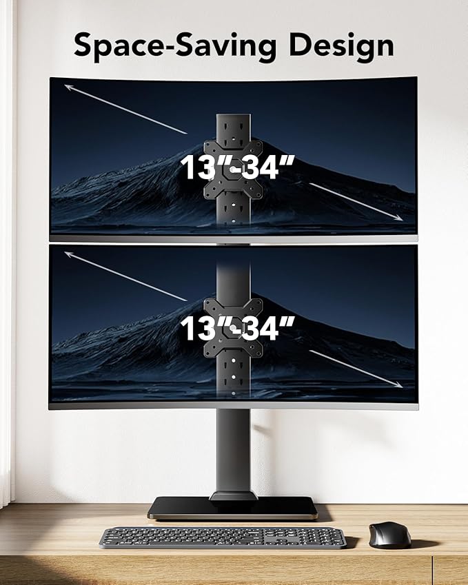 HUANUO Dual Monitor Stand, Vertical Monitor Mount for Two Screens 13 to 34 Inch, Freestanding Monitor Riser with Swivel, Tilt, Rotation and 13 Height Settings, Max Load 44 lbs, Max VESA 100x100