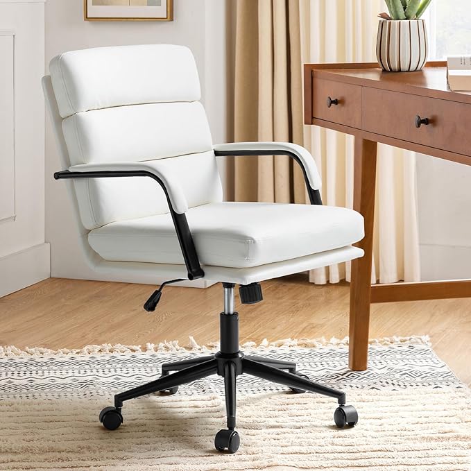 HULALA HOME Modern Faux Leather Home Office Chair with Tilt Lock & Metal Base, Desk Chair with Wheels & Padded Cushion, 360° Swivel Wide Seat Computer Task Chair, White