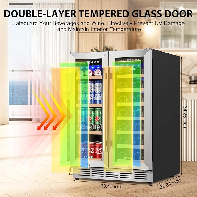 24 Inch Dual Zone Wine and Beverage Refrigerator, Built-in or Freestanding Cooler with French Doors, Drink Fridge with Upgraded Compressor for Beer, Wine, and Soda