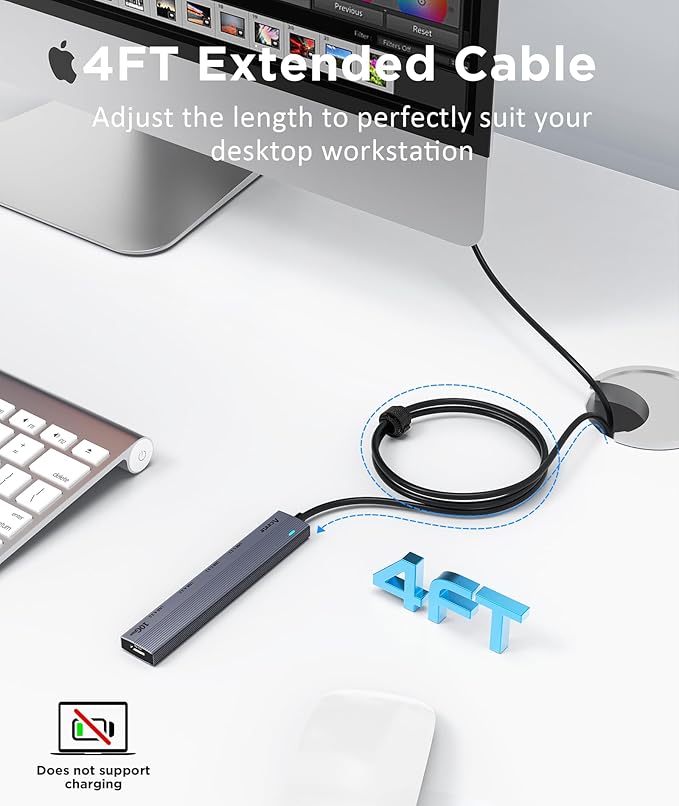 Aceele USB 3.2 Gen 2 Hub with 2 USB-A & 2 USB-C Ports, 10Gbps USB Splitter with 4ft Long Cable, USB Data Extented with 5V3A Type-C Power Port, Compatible for Laptop, iMac Laptop and More