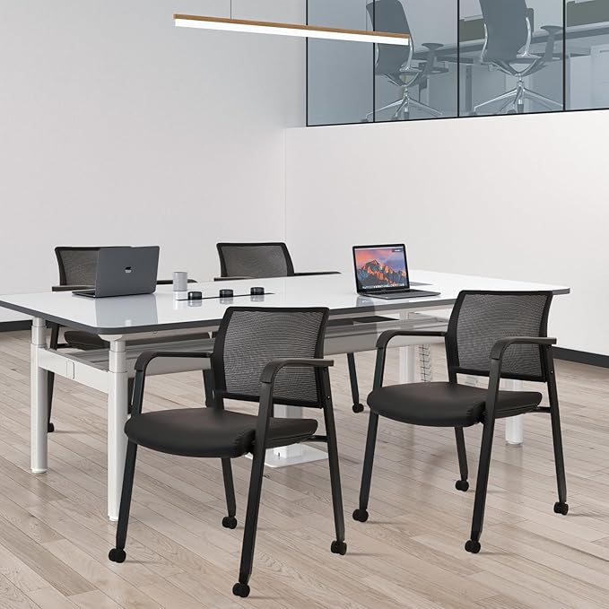 CLATINA Stacking Office Chair with Wheels, Mesh Back Waiting Room Guest Chairs with Arms Comfortable Leather Cushion Stackable Desk Chair for Conference Reception School Side Stationary, Black, 4PK