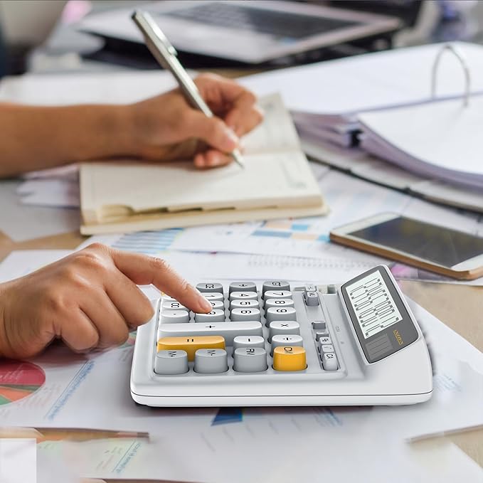 Desktop Calculator with Extra Large 5-Inch LCD Display, 12-Digit Two Way Power Solar & Battery Office Calculator with Big Buttons for Business, Accounting & Home Use(Grey)