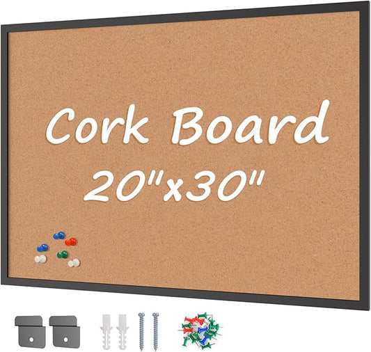 Board2by Cork Board Bulletin Board 20“ x 30”, Black Wood Framed Corkboard, Office Board for Wall Cork, Large Wall Mounted Notice Pin Board with 16 Push Pins for School, Home & Office