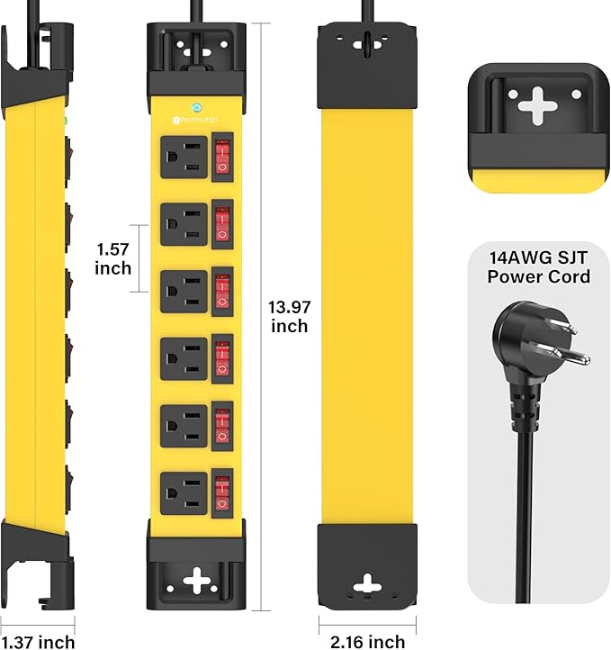 Heavy Duty Power Strip - 6 Outlet Power Strip with 6 Individual Switches Cord Manager Surge Protector 1200J Home Office Garage Industrial Workshop