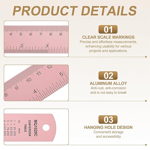 HARFINGTON 6pcs Metal Straight Ruler 30cm Metric SAE Aluminum Alloy Measuring Rulers Scale Tool with Hole for Measure Study Reading Classroom Office, Pink