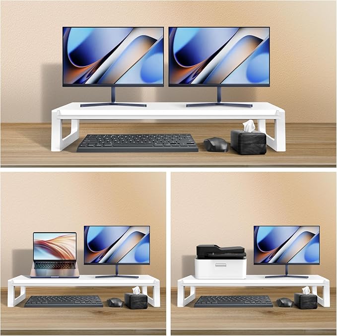 Dual Monitor Stand Riser – 36-Inch Computer Monitor Stand with Multifunctional Slot for 2 Monitors, Multi-Purpose Desktop Storage for Laptop, Printer, TV