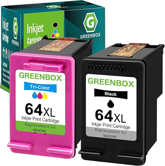 GREENBOX 64XL Ink Cartridges Combo Pack Replacement for HP 64XL 64 Ink Cartridge Black/Color for Envy Photo 7155 7855 6255 7120 6252 6220 6230 6258 7158 7130 7132 7164 7858 7800 6222 Printer, 2 Pack