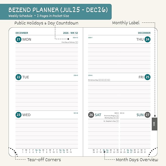 BEZEND Pocket Planner 2025-2026 Weekly and Monthly, 3.5" x 6" Academic Planner (Jul 25-Dec 26) 18-Month Mid-Year Calendar Book, Storage Pocket, Pen Holder, PU Leather Hardcover - Sky Blue