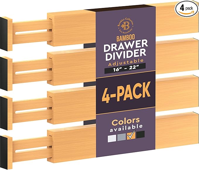 4 Pack Drawer Dividers Bamboo 2.6" High, 16-22" Adjustable Drawer Organizers for Clothes, Expandable Dresser Separators in Bedroom/Bathroom/Kitchen/Office Organization and Storage (Natural)