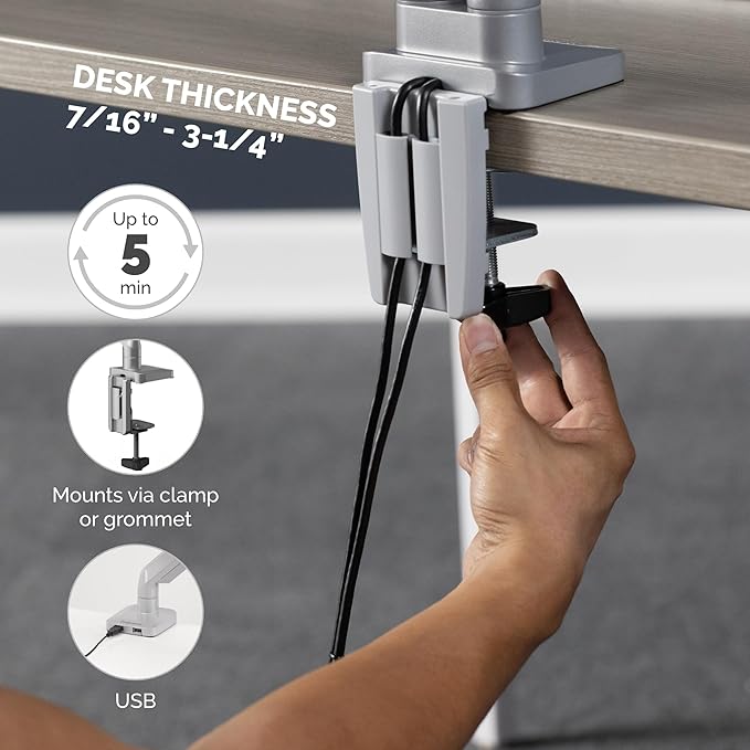 Fellowes Platinum Series Single Monitor Arm for 40-Inch Monitors, Full Motion, 360° Rotation, VESA Mount with Grommet or Clamp, USB Ports, Ergonomic, Silver, 8056401