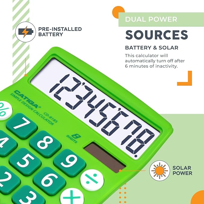 CATIGA Desktop Calculator 8 Digit with Solar Power and Easy to Read LCD Display, Big Buttons, for Home, Office, School, Class and Business, 4 Function Small Basic Calculators for Desk, CD-8185