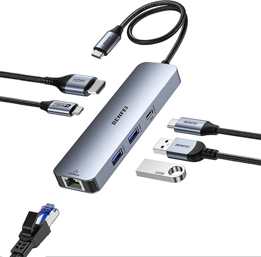 BENFEI 6-in-1 USB C Hub with HDMI(4K@60Hz), 2 USB-A, 1 USB-C Data, 100W Charge, Gigabit Ethernet, Silicone Tangle-Free Cable Compatible with MacBook Pro/Air, iPad Pro, iMac, iPhone 15 Pro/Pro Max