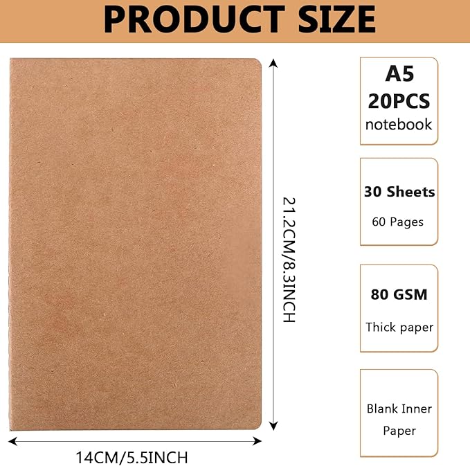 30 Pack Blank Kraft Notebook A5 Soft Cover Kraft Notebooks Journals Writing Diary Subject Notebooks 30 Sheets 60 Pages for Journaling, Travelers, School and Office