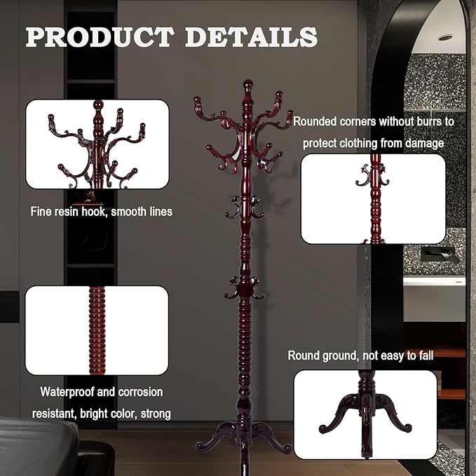 Coat Racks FreeStanding with 14 Hooks, Natural Wood Coat Rack with Solid Round Base, Adjustable Height Coat Racks, Easy Assembly for Hallway, Bedroom and Office (Reddish brown-Tri-Legged Base)