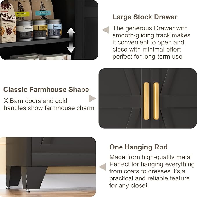 61H Metal Storage Cabinet with 2 Doors and 4 Shelves,Farmhouse Storage Cabinet with Barn Doors,Pantry Storage for Home,Office,Bathroom,Dining Room,Kitchen(Black)