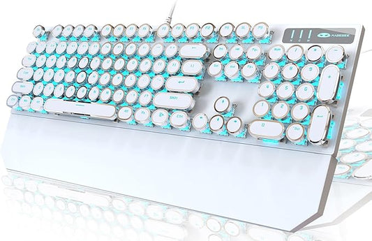 Camiysn Typewriter Style Mechanical Gaming Keyboard, White Retro Punk Gaming Keyboard with Blue Backlit, 104 Keys Blue Switch Wired Cute Keyboards, Round Keycaps for Windows/Mac/PC