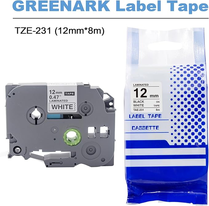 GREENARK TZe-231 TZe231 TZ TZE 231 131 132 133 431 531 631 731 Compatible Label Tape Laminated Black on White Replacement for Brother P-Touch Label Maker PT-J100 etc (12mm x 8m),8-Pack