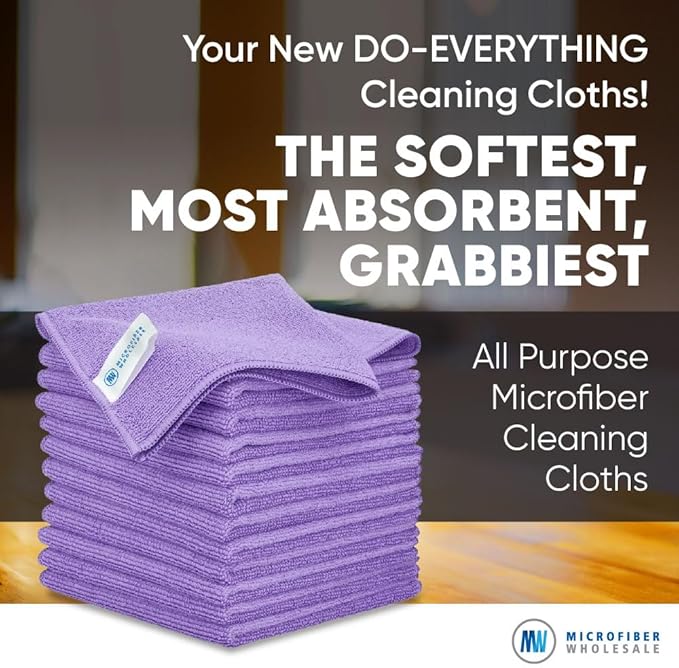 12" x 12" Pro Multi-Surface Microfiber Cleaning Cloths | Purple - 12 Pack | Premium Microfiber Towels for Cleaning Glass, Kitchens, Bathrooms, Automotive, Supplies & Products