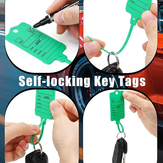 200 Car Key Tags with Labels Plastic Car Dealership Key Tags Self Locking Automotive Identifiers Blank Shop Labels with One Pen (Green)