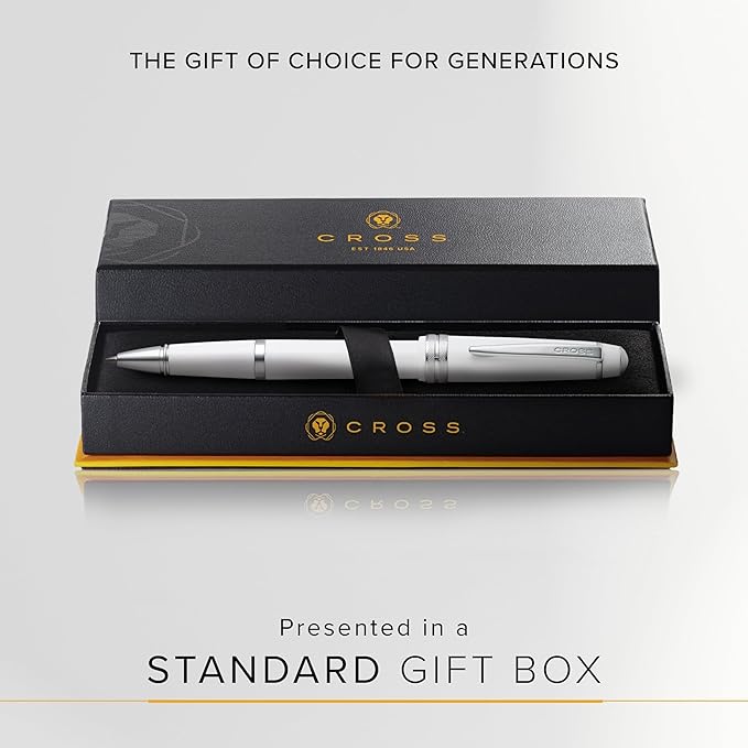 Cross Bailey Light Refillable Rollerball Pen Presented in a Everyday Gift Box - Medium Point, Black Ink, Polished White
