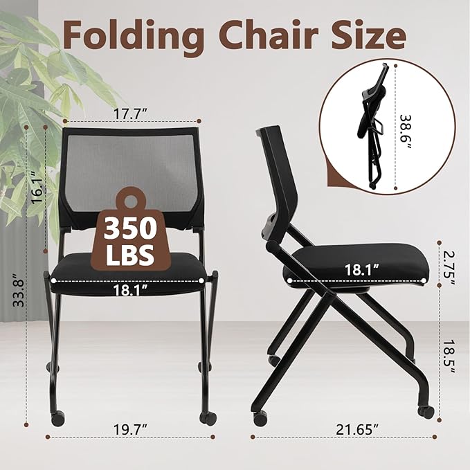 CLATINA Stackable & Foldable Conference Room Chairs, Waiting Room Chairs with Wheels & Lumbar Support, Ergonomic Mesh Bouncing Back Folding Chair for Office Meeting Schools Training Room, Black(8pk)