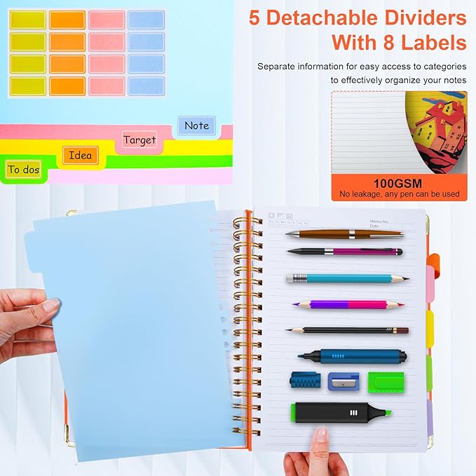 Hardcover Spiral Notebook 8"x10" Journal Notebook with Tabs and Removable Dividers 300 Pages 5 Subject Notebook College Ruled, Faux Leather Spiral Bound Notebook for Women, Students, School Work (Orange)