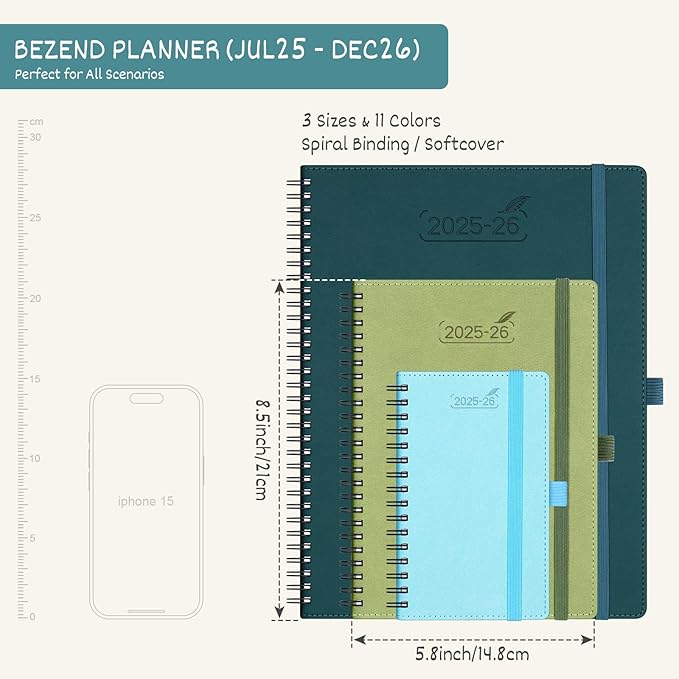 BEZEND Planner 2025-2026 Weekly and Monthly, 5.8" x 8.5" Academic Calendar (Jul 25-Dec 26) Vertical Daily Appointment with Hourly Timeslot & Monthly Tab, Spiral, PU Leather Softcover - Dark Green