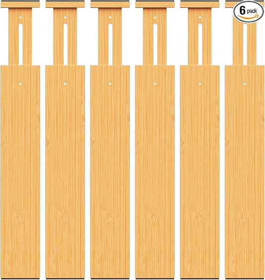 BAMBUROBA Bamboo Drawer Dividers, Adjustable Kitchen Drawer Organizer for Clothes,17-22" Expandable Drawer Organization Separators for Bedroom,Bathroom,Dresser and Office,6-Pack