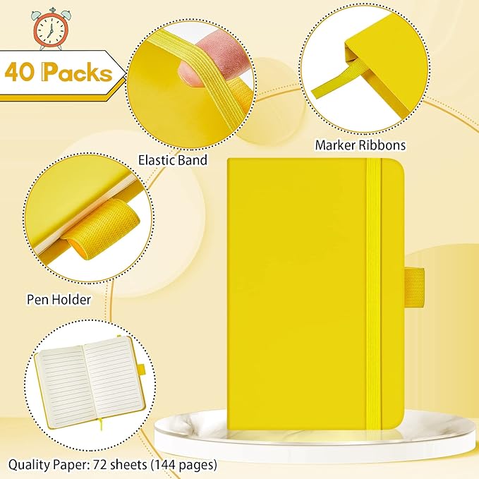 40 Pieces Small Notebooks A6 Pocket Journals 3.5 x 5.5 Inch Small Leather Notebook Mini Ruled Lined Journal with Elastic Band Pen Holder Page Marker Ribbons (Yellow)