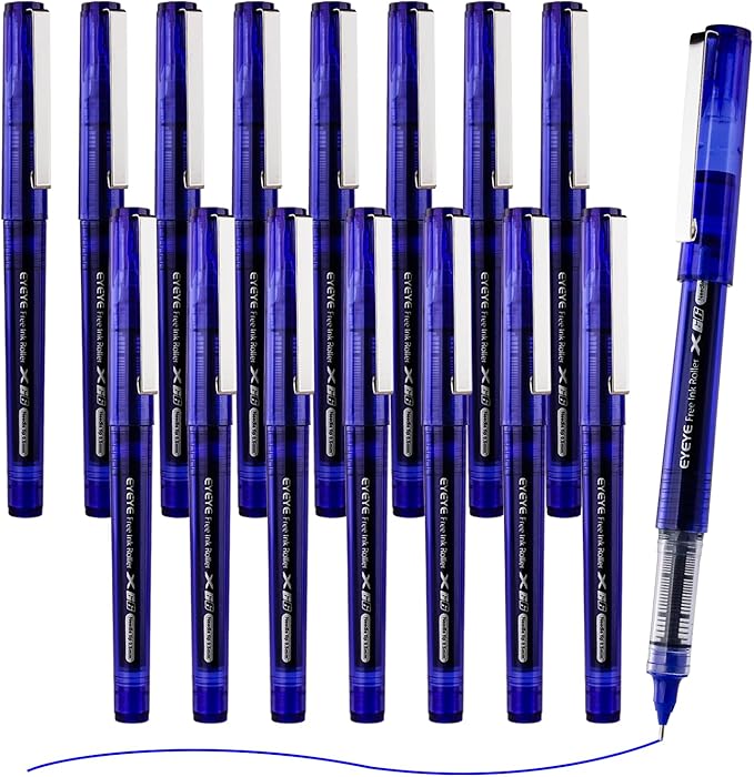 EYEYE 16 Pcs Rollerball Pens, Liquid Ink Blue Quick Dry Gel Pen, 0.5mm Fine Needle Nib for Taking Notes Doodling, School Office Home Supplies