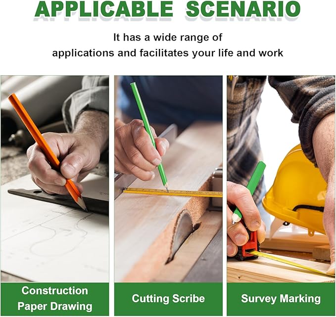 Honoson 200 Pcs Flat Construction Pencils with Printed Ruler Wood Graphite 2 Pcs Carpenter Pencil Sharpener for Woodworking Marking Tool(Green and Orange)