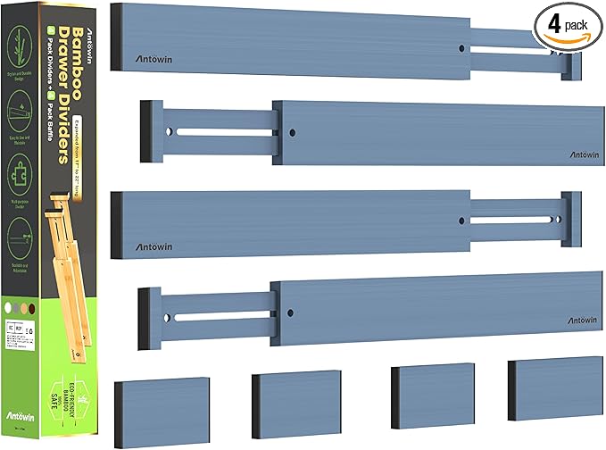 ANTOWIN Bamboo Drawer Dividers, Expandable Drawer Separators Splitter,17-22 inches Long Adjustable Spring-loaded Organizer for Large Utensil, Clothes, Tools Drawers (Blue)