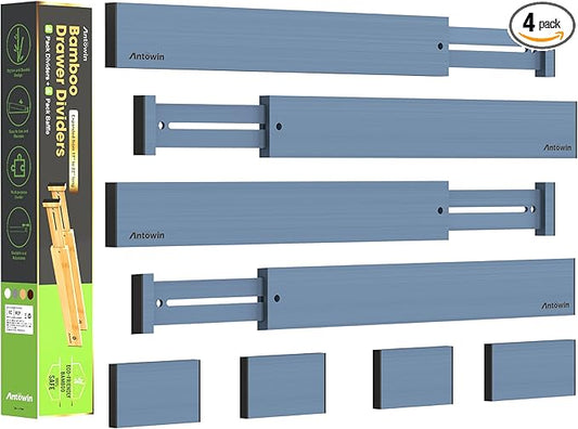 ANTOWIN Bamboo Drawer Dividers, Expandable Drawer Separators Splitter,17-22 inches Long Adjustable Spring-loaded Organizer for Large Utensil, Clothes, Tools Drawers (Blue)