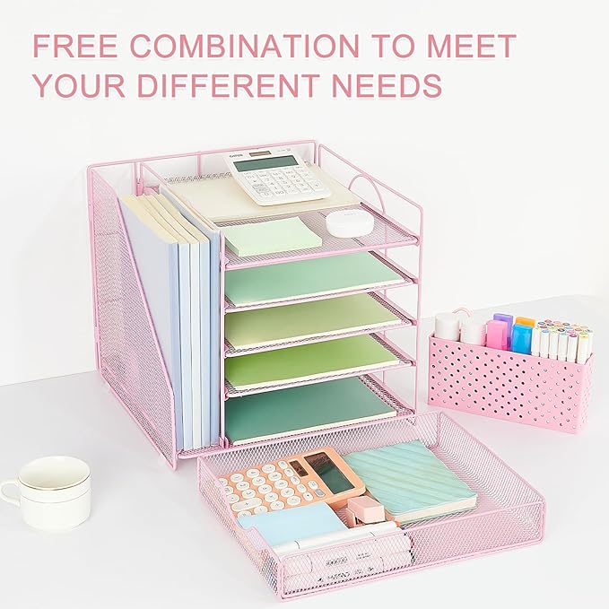 Desk Organizer with Drawer and Pen Holder, 5-Tier Paper Letter Tray Organizer with File Holder, Suitable for Workspace Organizer Office Supplies Storage (Pink)
