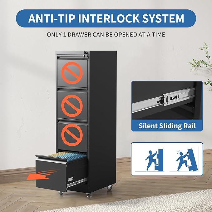 4 Drawer Mobile File Cabinet, Metal Filing Cabinet with Lock and Wheels, Home Office Rolling File Cabinets for Legal/Letter Hanging File Folders, Un-Assembled (Black)