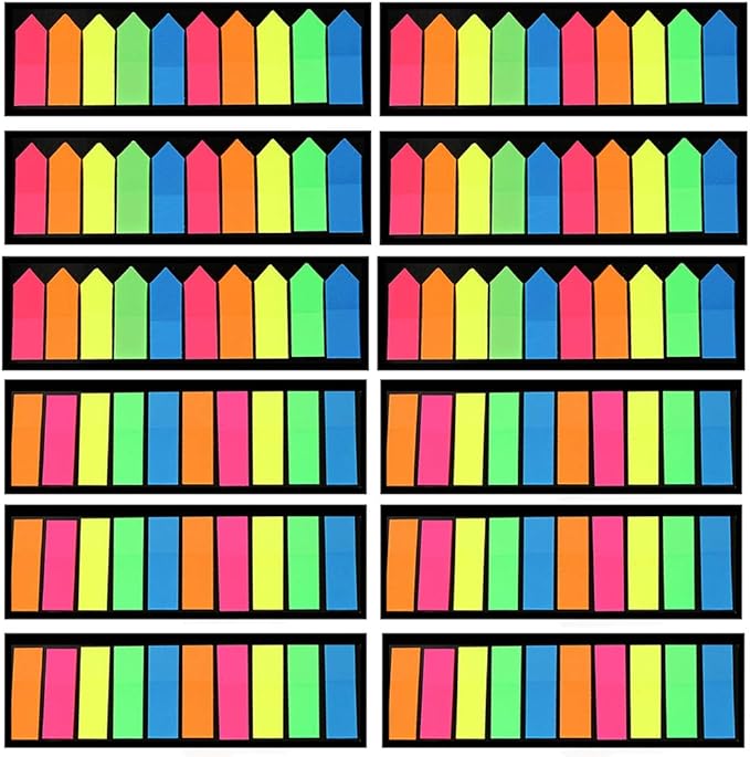 3000 Pieces Neon Page Markers Sticky Index Tabs, Colored Index Tab Flags, Fluorescen Sticker Tabs Note for Books, 12 Sets 2 Designs