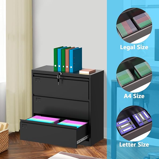 40inch Steel 3 Drawer Lateral Filing Cabinet - Lockable Metal Filing Storage, Home Office Organization, Fits Hanging Letter/Legal/F4/A4, Durable 0.6MM Coated Steel (Black)