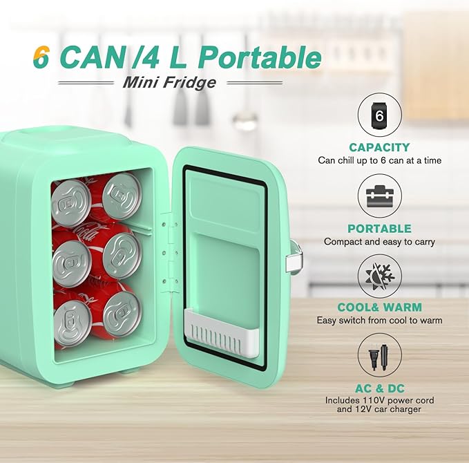 CROWNFUL Mini Fridge, 4 Liter/6 Can Portable Cooler and Warmer Personal Refrigerator for Skin Care, Cosmetics, Beverage, Food,Great for Bedroom, Office, Car, Dorm, ETL Listed (Green)