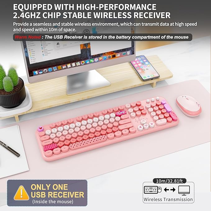 FOPETT Wireless Keyboard and Mouse Combo - 2.4G Full-Sized Cute Colorful Retro Keyboard with Round Keycaps 104 Keys Typewriter Keyboard for Laptop/Windows/PC-Pink Colorful