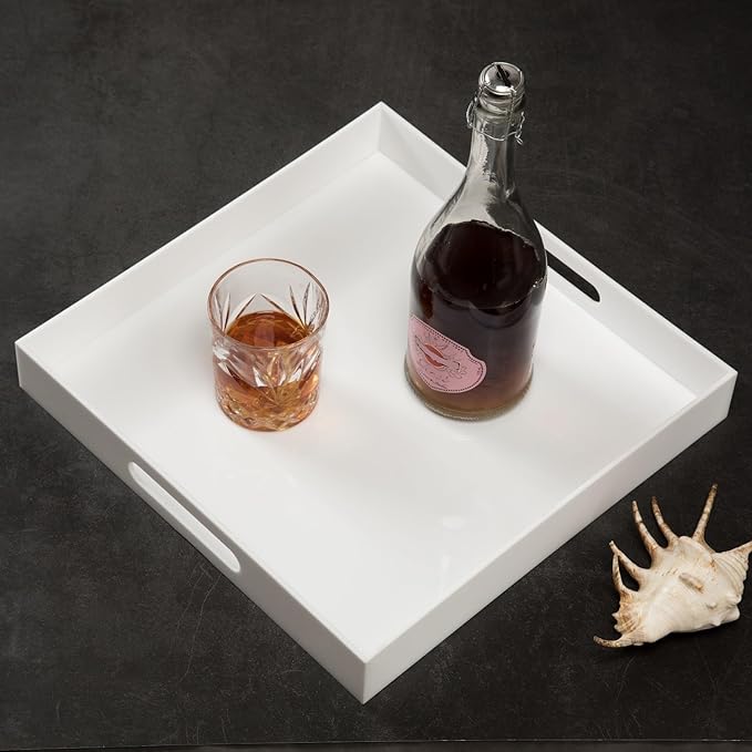 Glossy White Sturdy Acrylic Serving Tray with Handles-14x14Inch-Serving Coffee,Appetizer,Breakfast,Butler-Kitchen Countertop Tray-Makeup Drawer Organizer-Vanity Table-Ottoman Tray