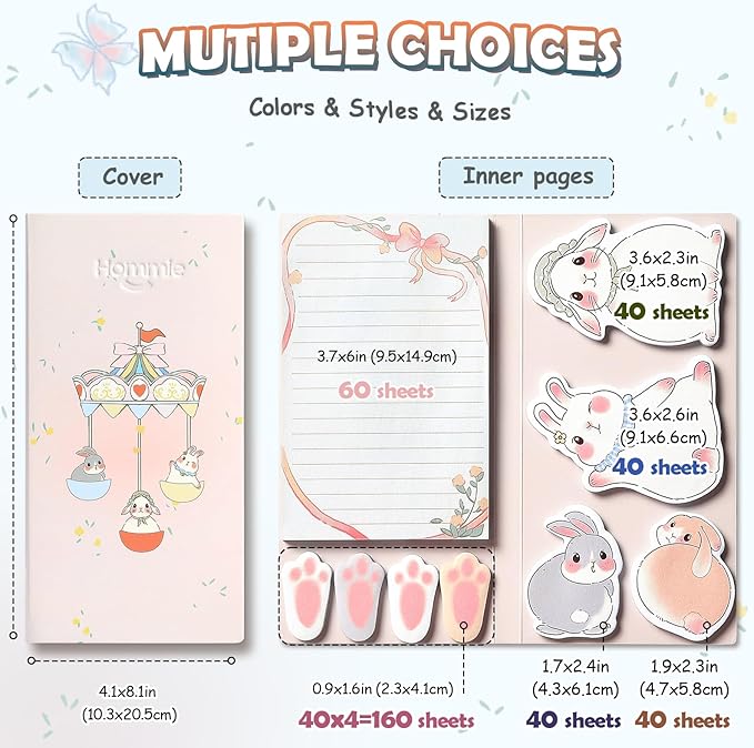 Hommie Cute Sticky Notes Set, Sticky Notes Set Planner Dividers, Easter Bunny Self-Stick Memo Pads with Animal Divider Tabs, Bundle Writing Designs for Office, School, Easter Party Supplies