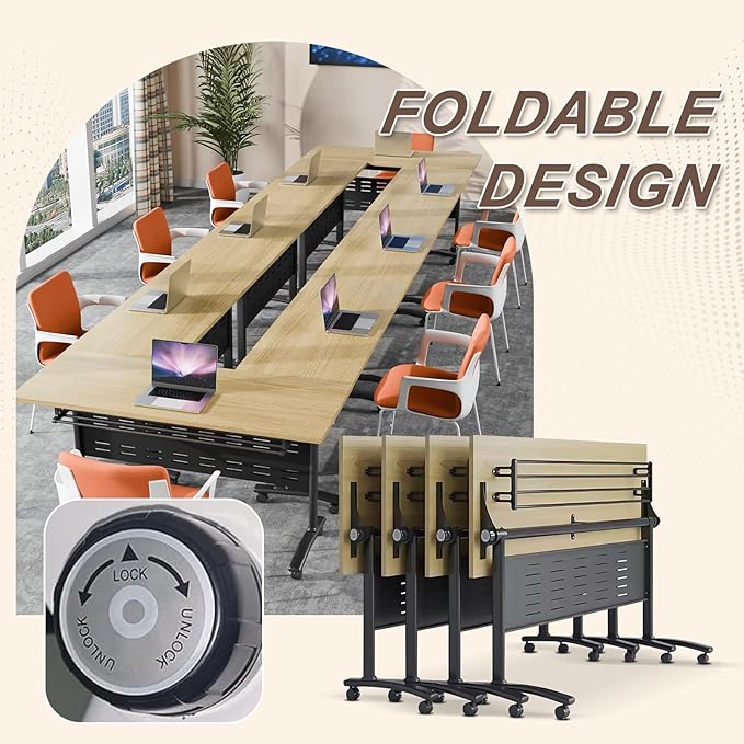 Folding Conference Room Table, Modern Conference Tables with Wheels, Large Rectangular Mobile Training Tables for Office Classroom, Foldable Modular Boardroom Seminar Table Maple (2pack L47.2in)