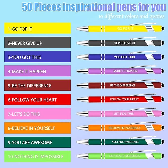 50 Pcs Inspirational Pens - Motivational Ballpoint Pens Bulk with quotes Stylus Tip Gifts for School Coworkers Office Supplies Black Ink